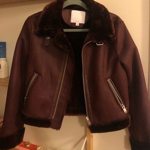 Burgundy faux fur/suede moto jacket